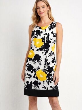 AB Studio Dress Yellow Black White Floral Midi Sleeveless Sheath Mod Sz 14